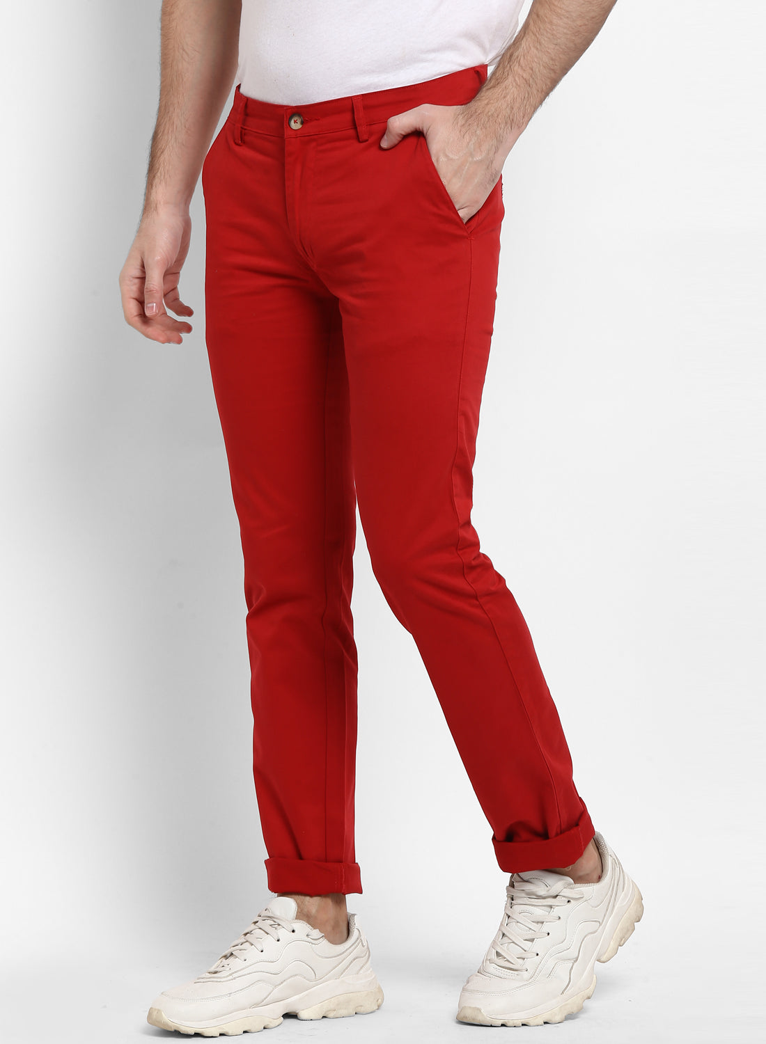 Urbano Fashion Men's Red Cotton Slim Fit Casual Chinos Trousers Stretch
