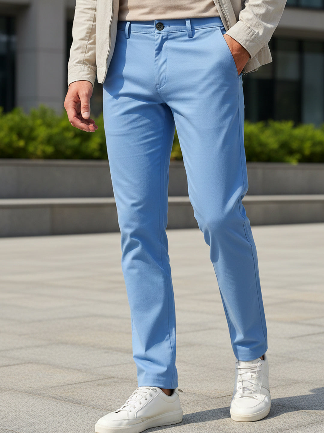 Men's Sky Blue Slim Fit Casual Chino Pants Stretch