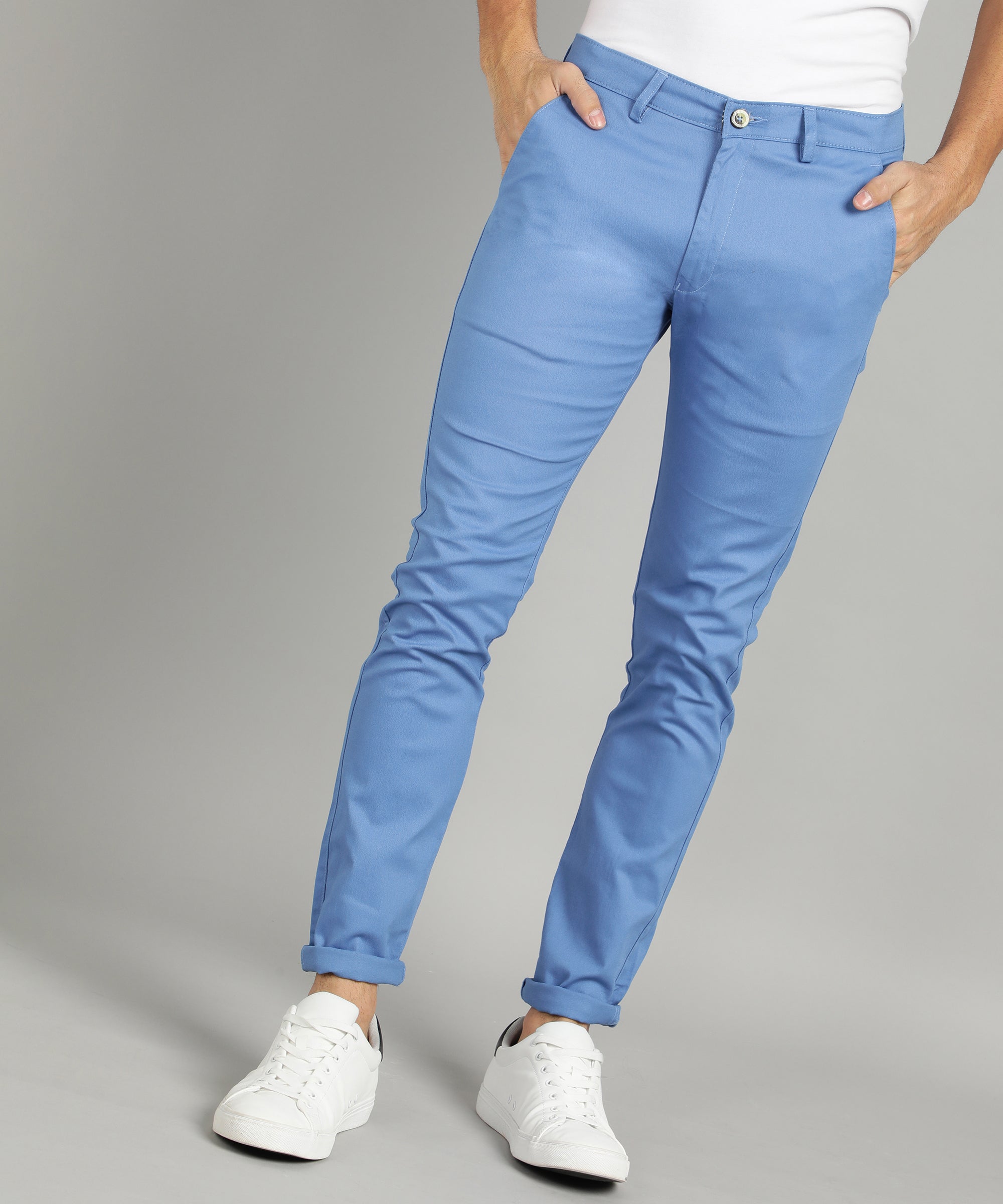 Men's Sky Blue Cotton Slim Fit Casual Chinos Trousers Stretch