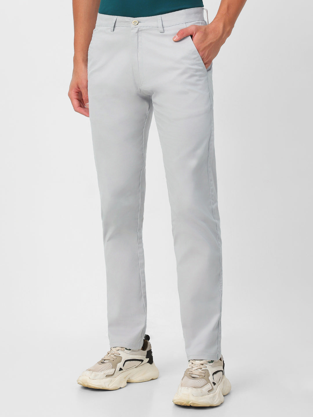Men's Light Grey Cotton Slim Fit Casual Chinos Trousers Stretch