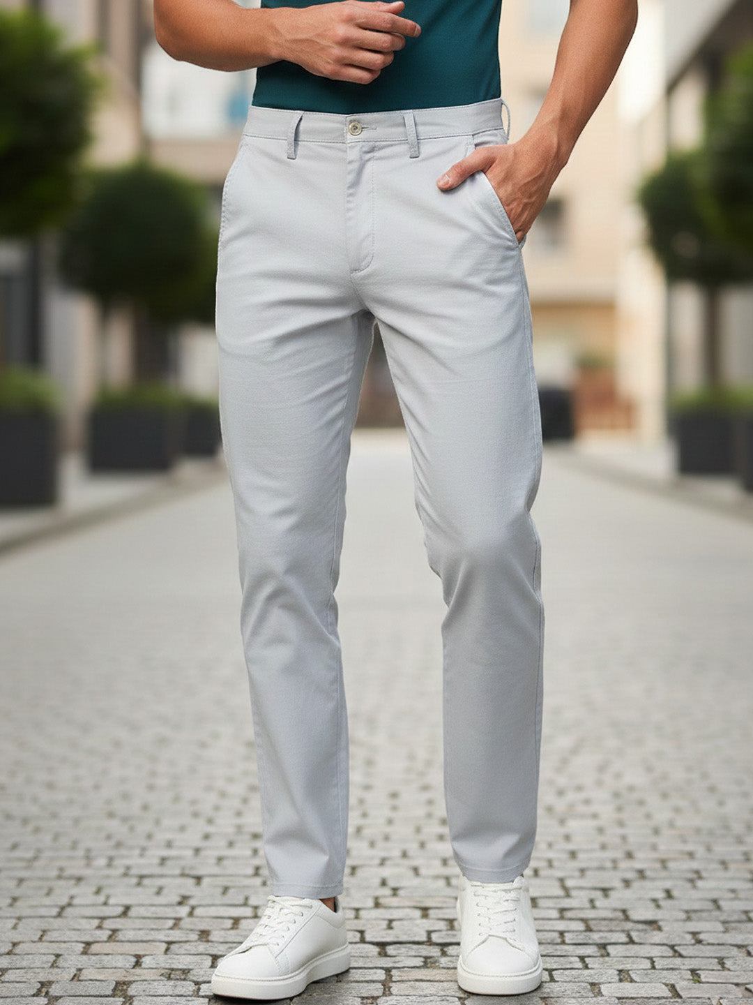 Men's Light Grey Cotton Slim Fit Casual Chinos Trousers Stretch