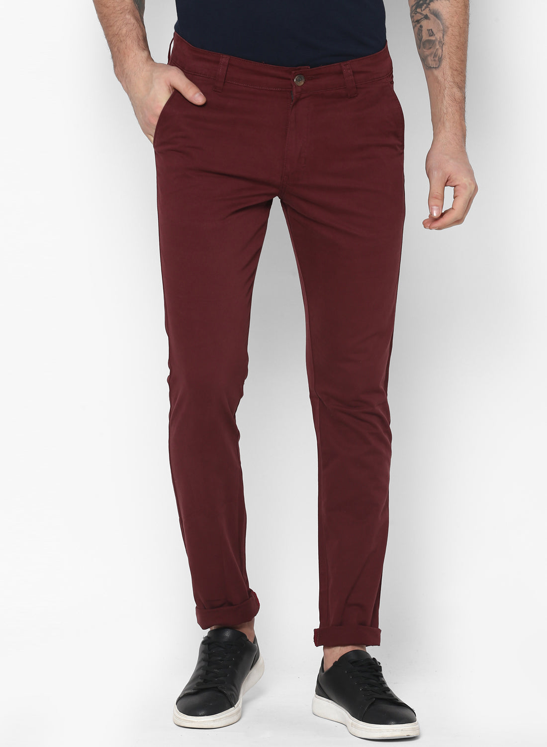 Men's Maroon Cotton Slim Fit Casual Chinos Trousers Stretch