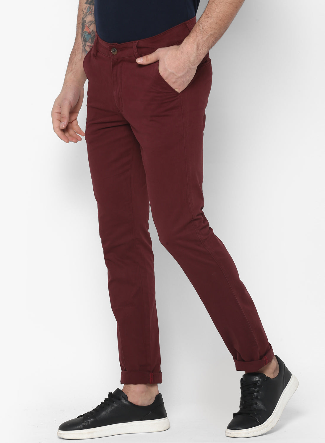 Men's Maroon Cotton Slim Fit Casual Chinos Trousers Stretch