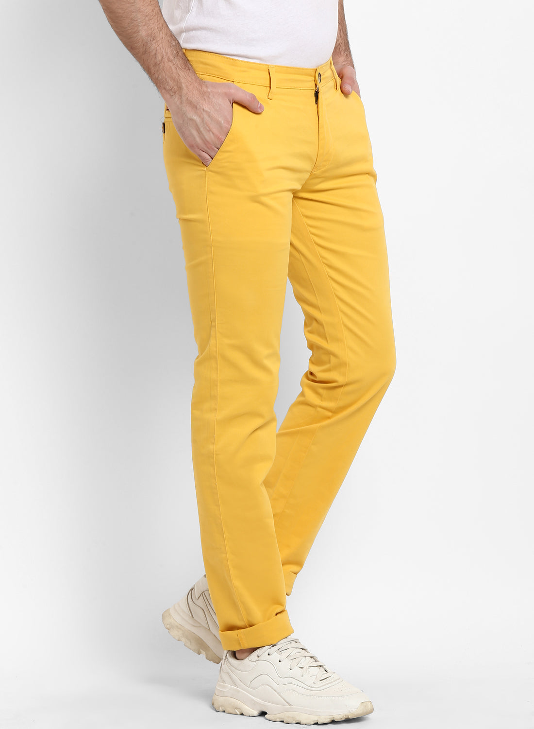 Men's Yellow Cotton Slim Fit Casual Chinos Trousers Stretch