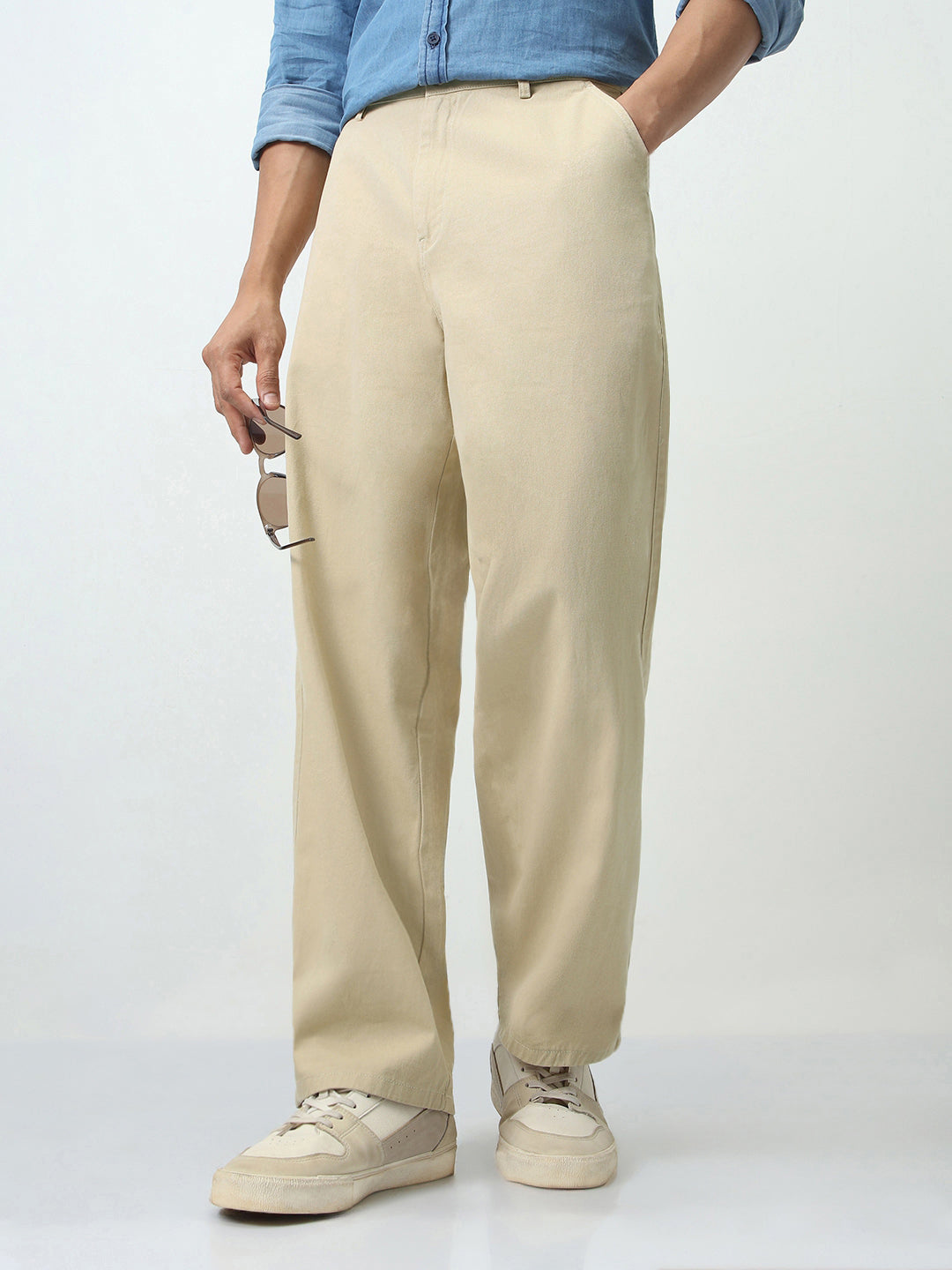 Men's Beige Loose Baggy Fit Solid Chino Trousers Non-Stretchable