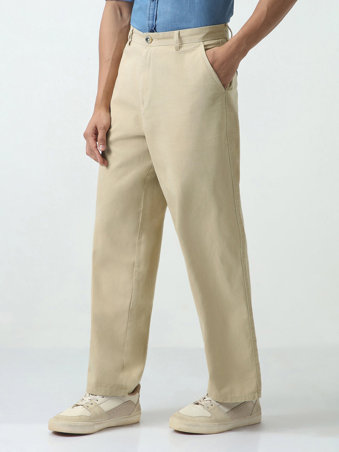 Men's Beige Loose Baggy Fit Solid Chino Trousers Non-Stretchable