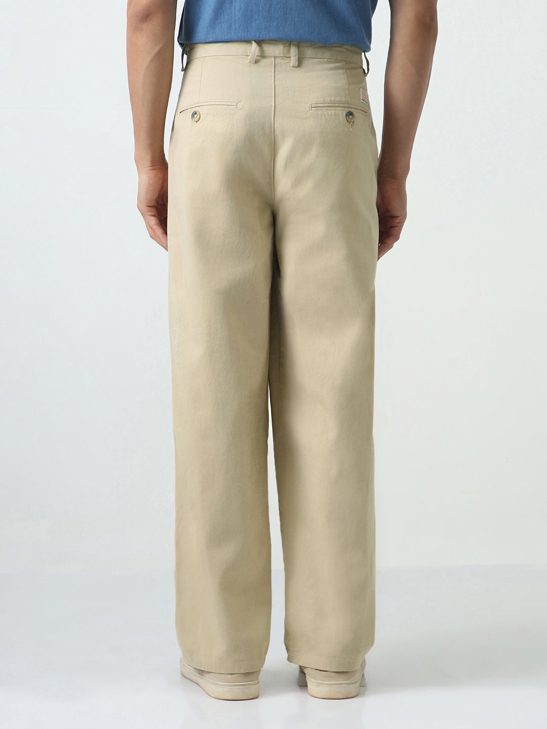 Men's Beige Loose Baggy Fit Solid Chino Trousers Non-Stretchable