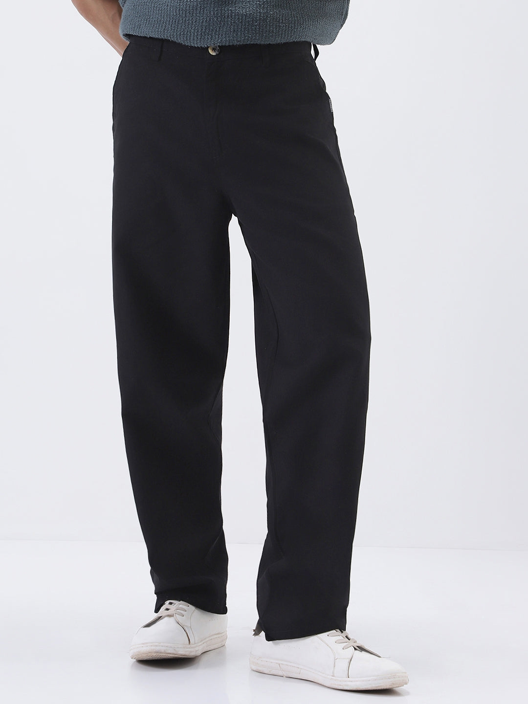 Men's Black Loose Baggy Fit Solid Chino Trousers Non-Stretchable