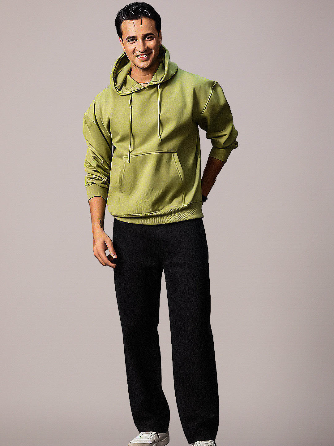 Men's Black Loose Baggy Fit Solid Chino Trousers Non-Stretchable