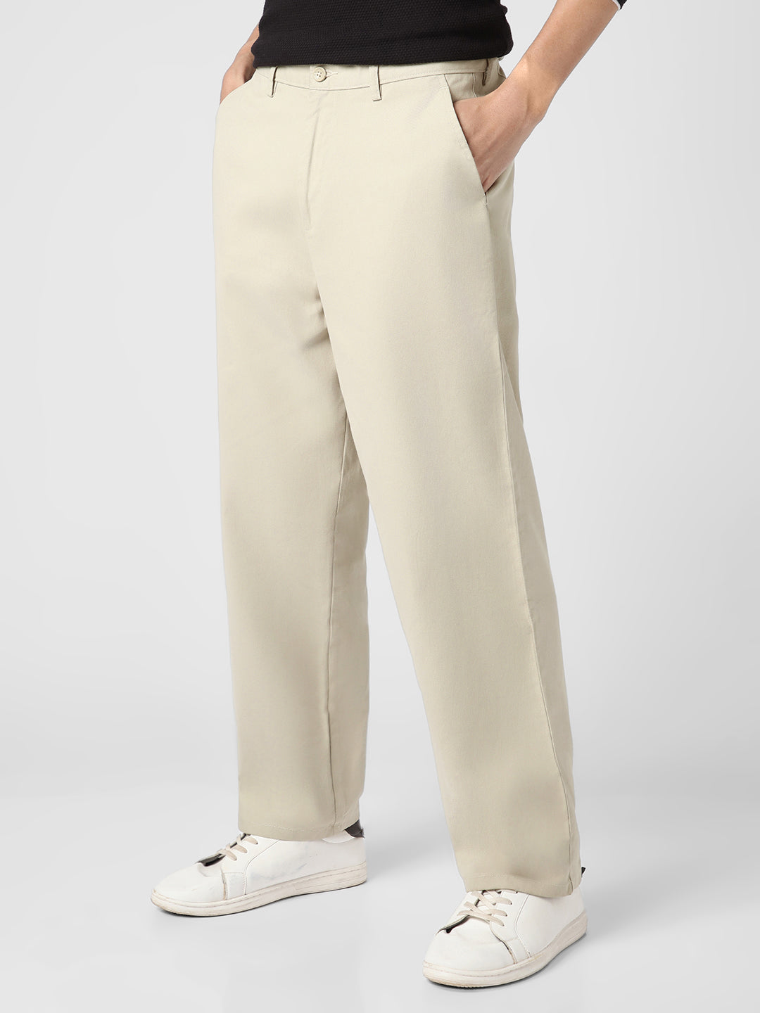 Men's Light Grey Loose Baggy Fit Solid Chino Trousers Non-Stretchable