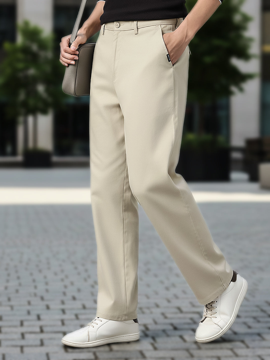 Men's Light Grey Loose Baggy Fit Solid Chino Trousers Non-Stretchable