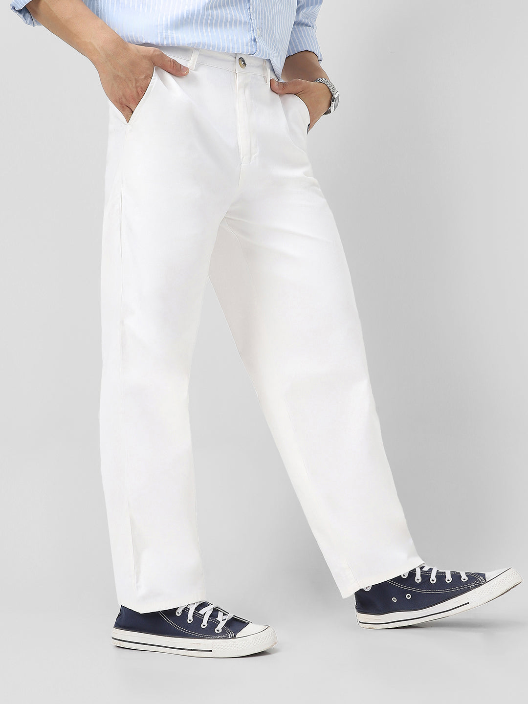 Men's White Loose Baggy Fit Solid Chino Trousers Non-Stretchable