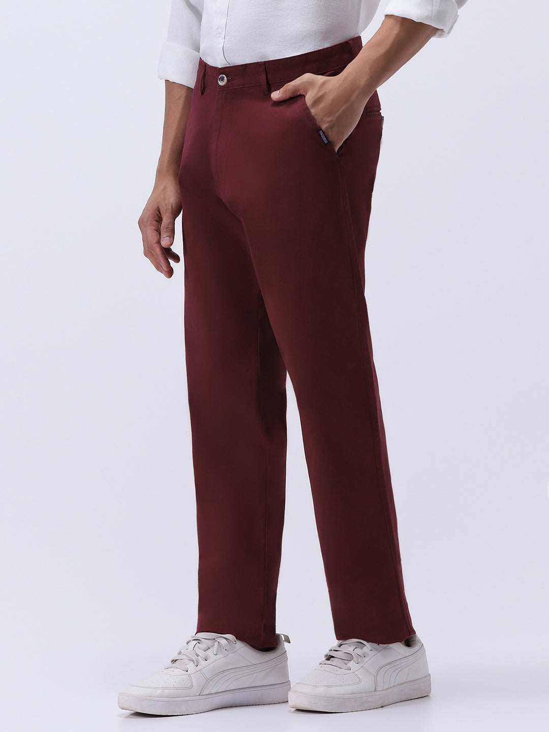 Men's Dark Maroon Cotton Regular Fit Casual Chinos Trousers Stretch