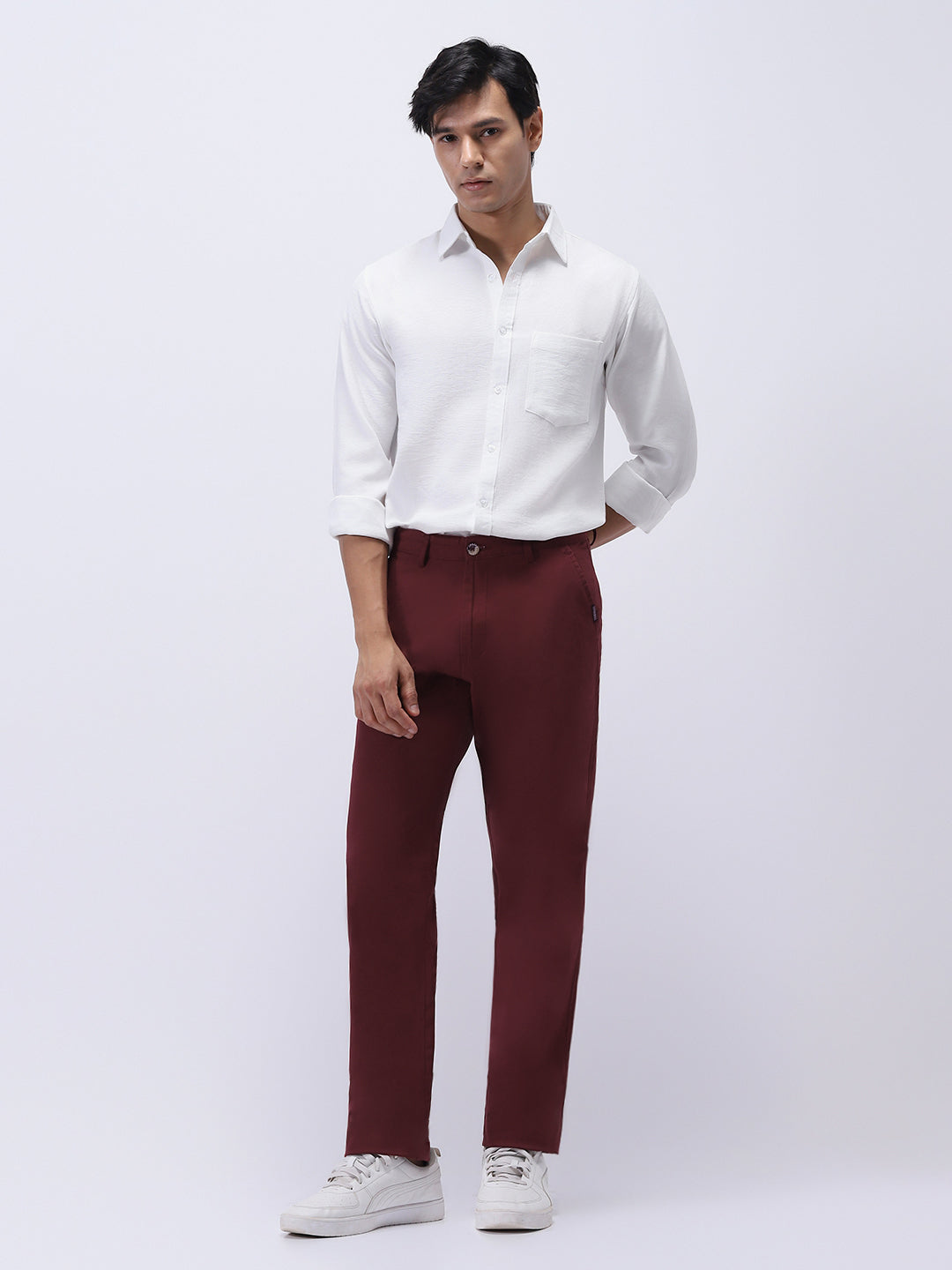 Men's Dark Maroon Cotton Regular Fit Casual Chinos Trousers Stretch