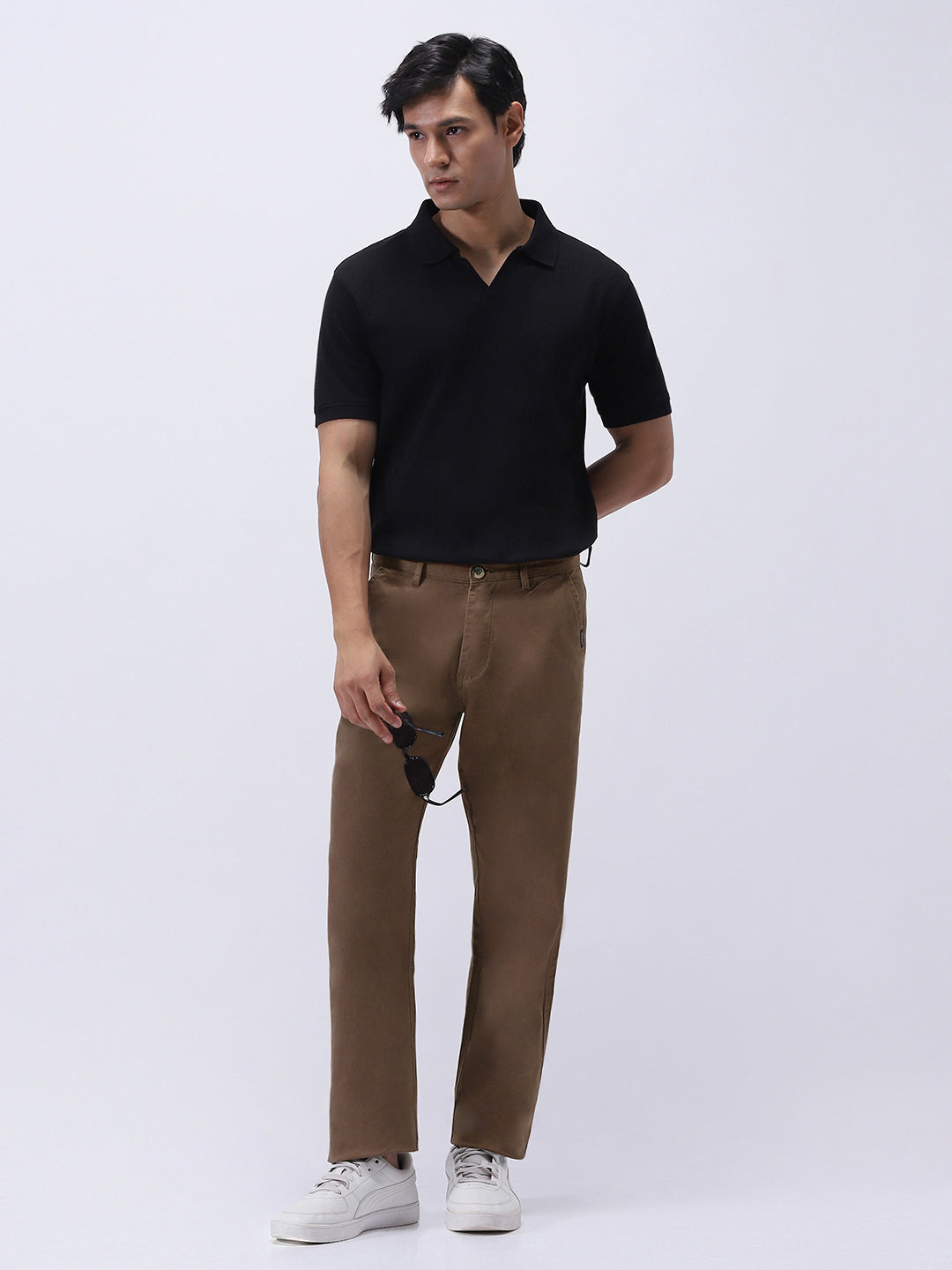 Men's Dark Taupe Cotton Regular Fit Casual Chinos Trousers Stretch