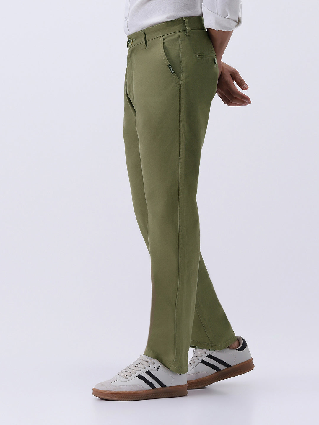 Men's Light Olive Cotton Regular Fit Casual Chinos Trousers Stretch