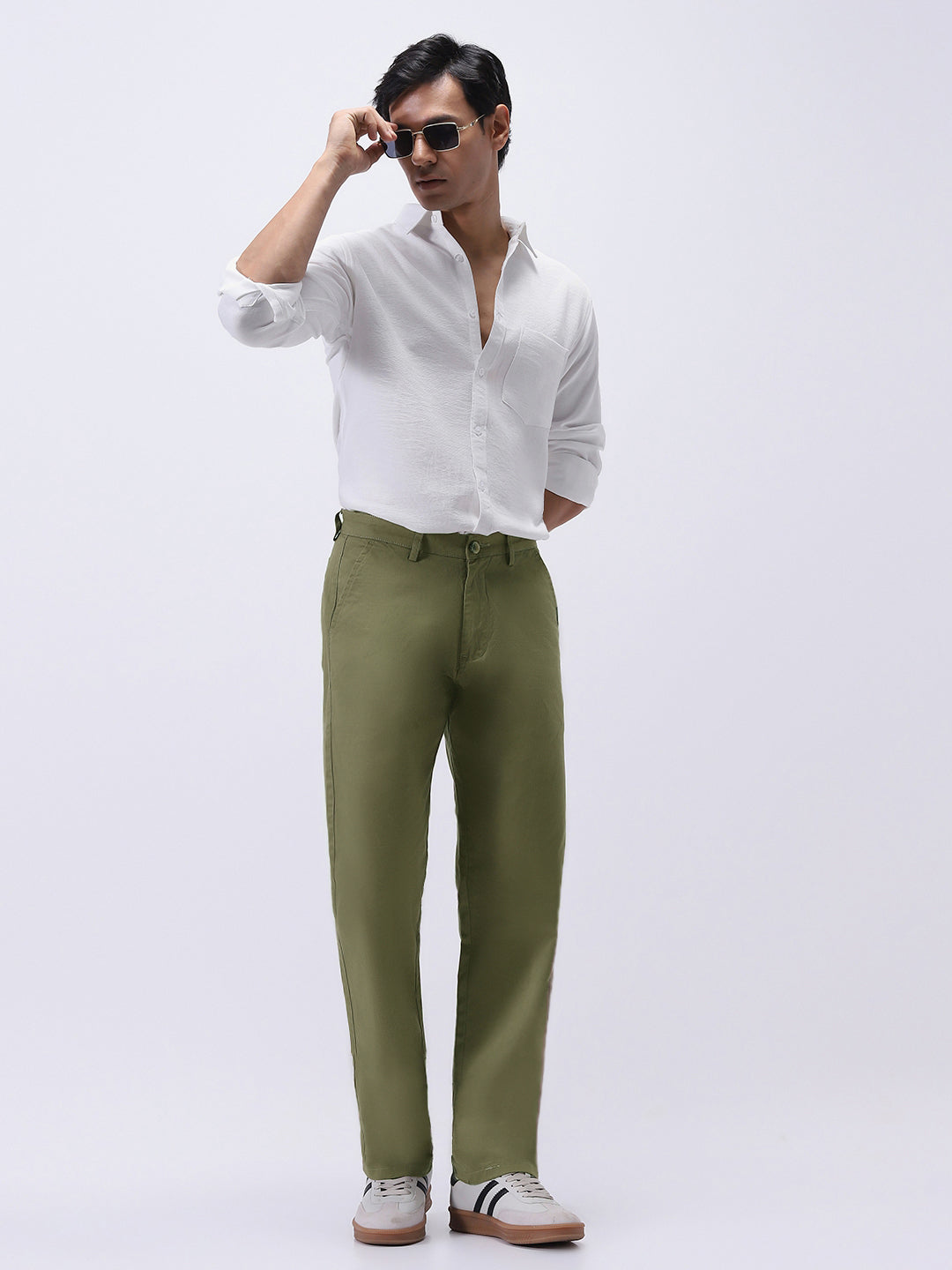Men's Light Olive Cotton Regular Fit Casual Chinos Trousers Stretch