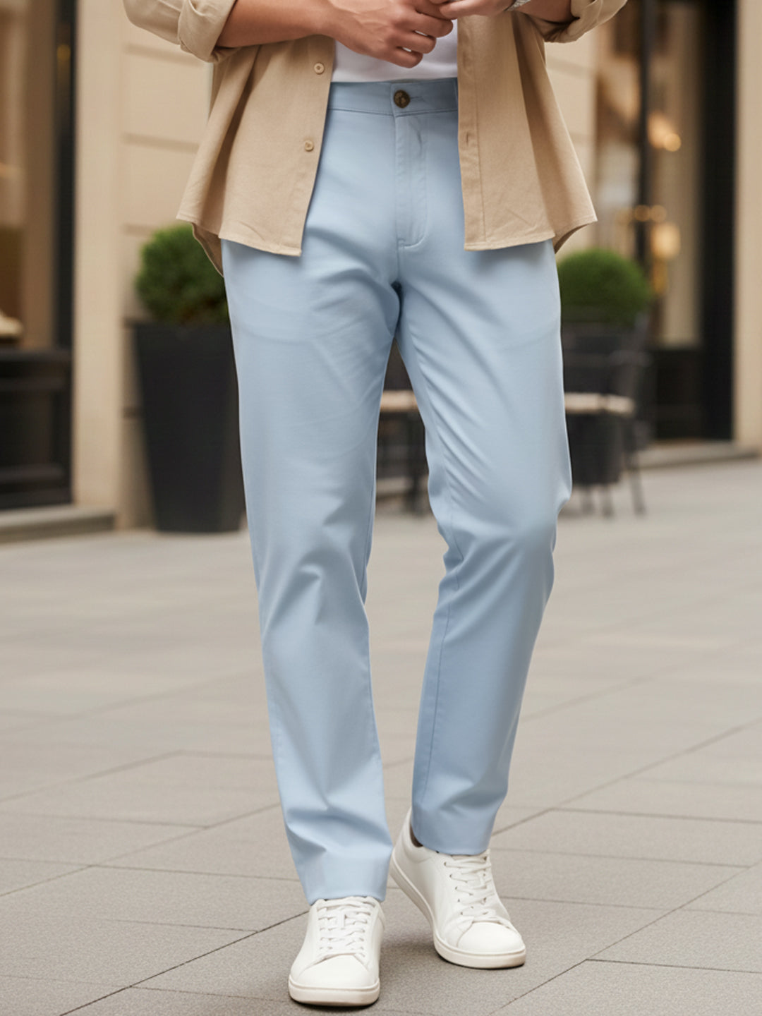 Men's Light Sky Blue Cotton Regular Fit Casual Chinos Trousers Stretch