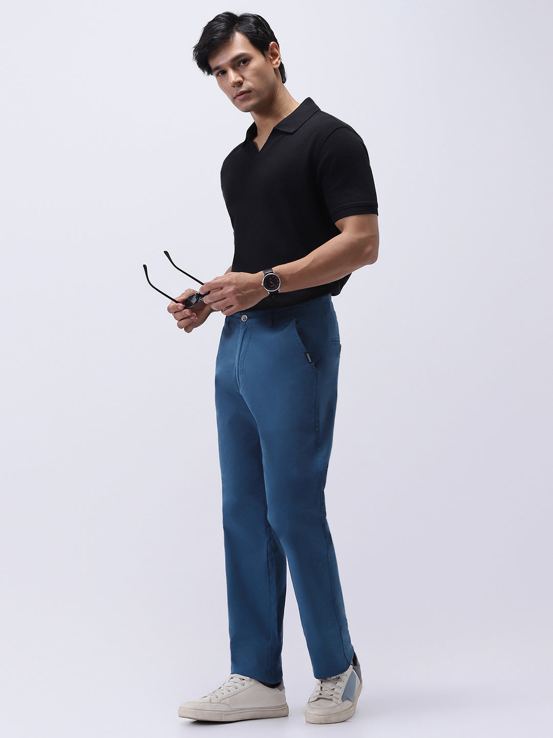 Men's Royal Blue Cotton Regular Fit Casual Chinos Trousers Stretch