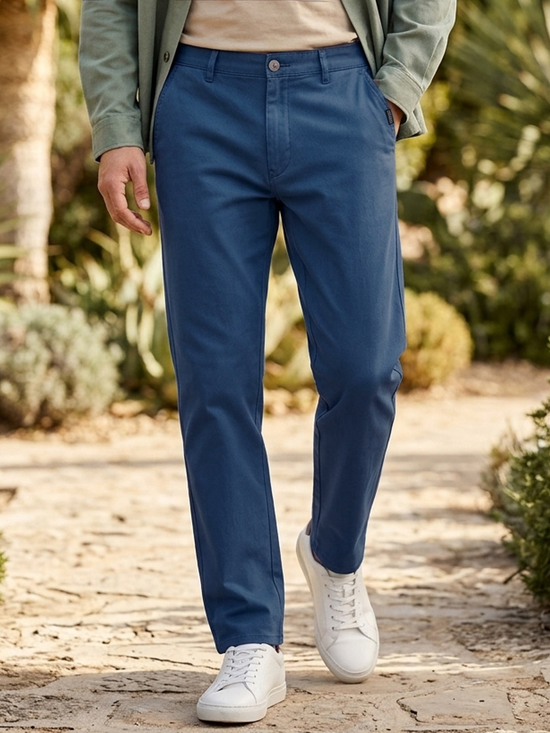 Men's Royal Blue Cotton Regular Fit Casual Chinos Trousers Stretch