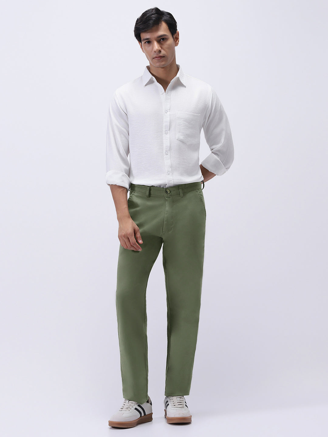 Men's Sage Green Cotton Regular Fit Casual Chinos Trousers Stretch