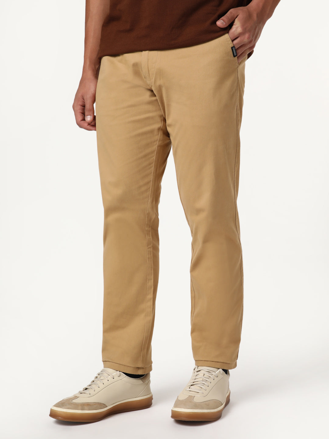 Men's Beige Straight Fit Mid Rise Cotton Casual Chinos Trousers Stretch