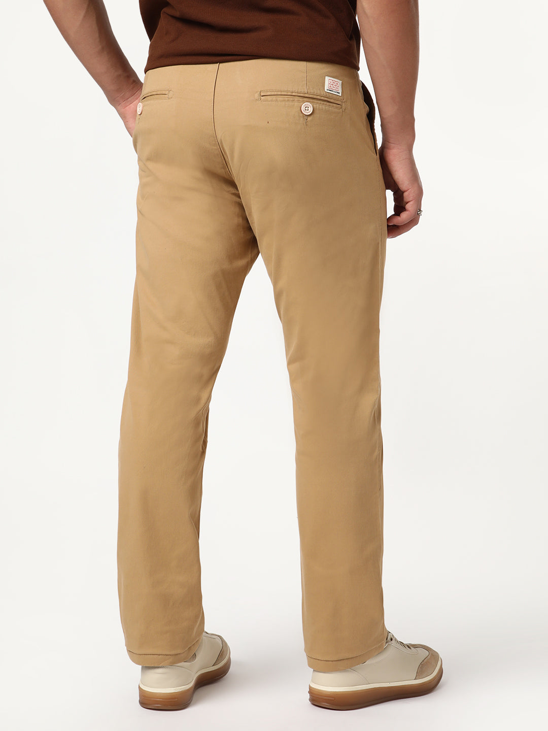 Men's Beige Straight Fit Mid Rise Cotton Casual Chinos Trousers Stretch