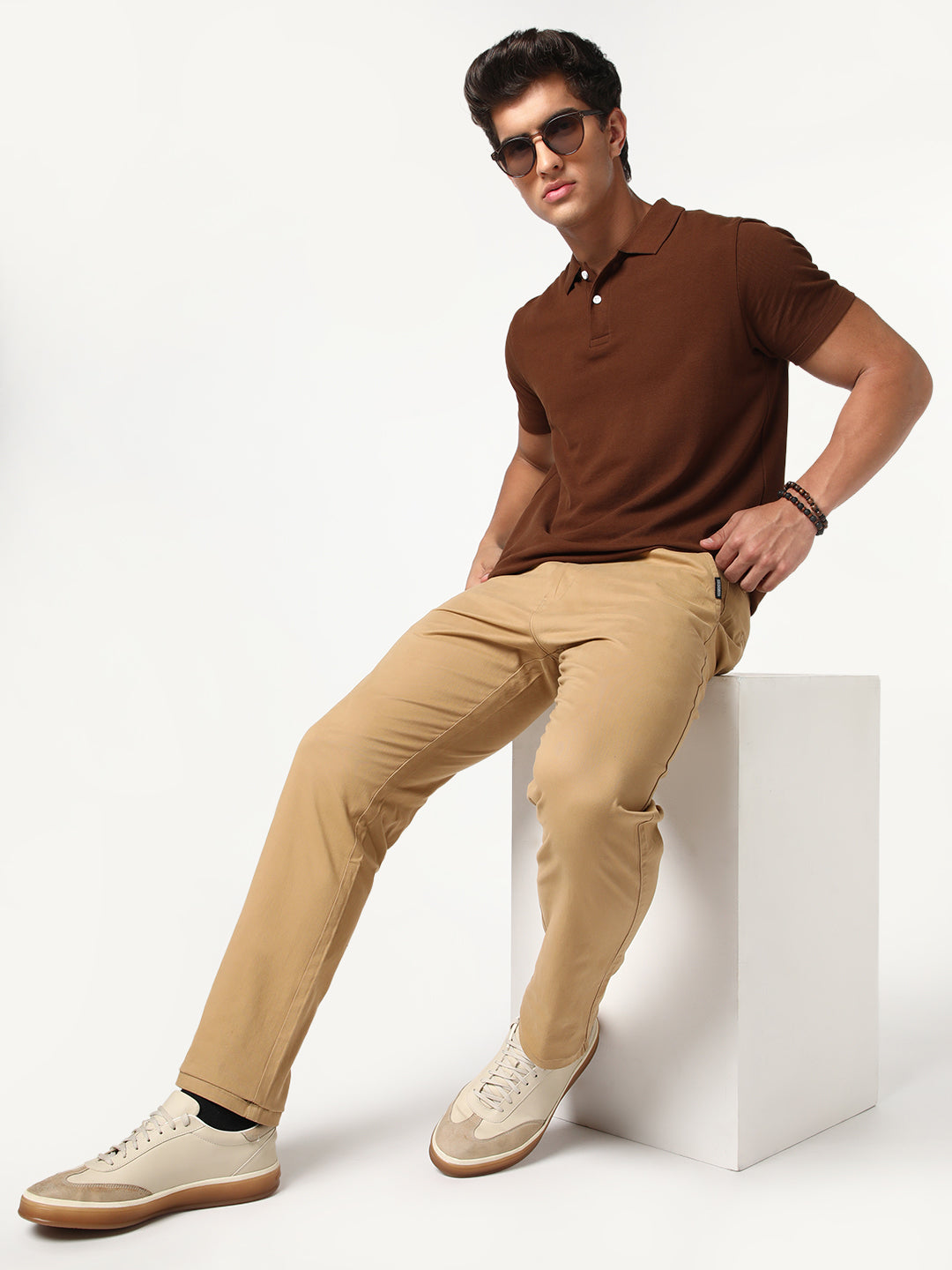Men's Beige Straight Fit Mid Rise Cotton Casual Chinos Trousers Stretch