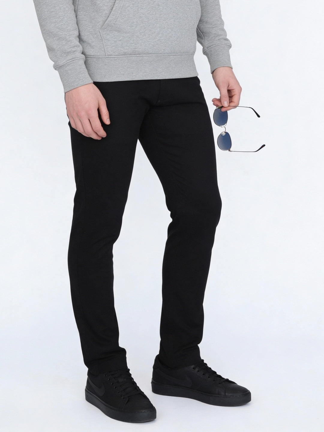 Men's Black Straight Fit Mid Rise Cotton Casual Chinos Trousers Stretch