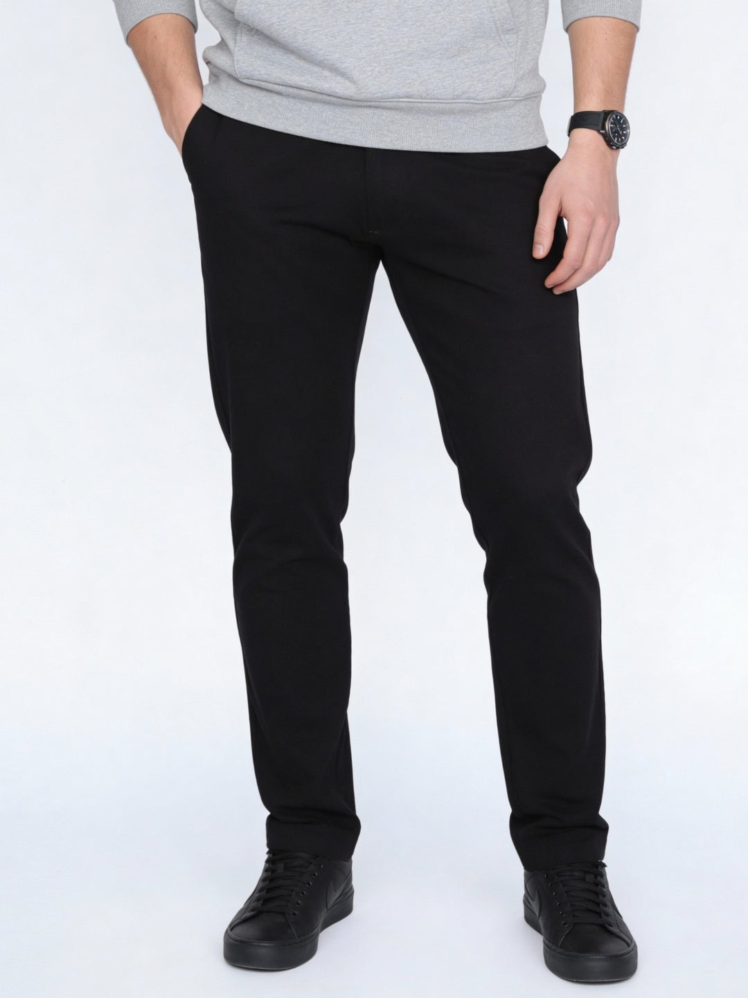 Men's Black Straight Fit Mid Rise Cotton Casual Chinos Trousers Stretch