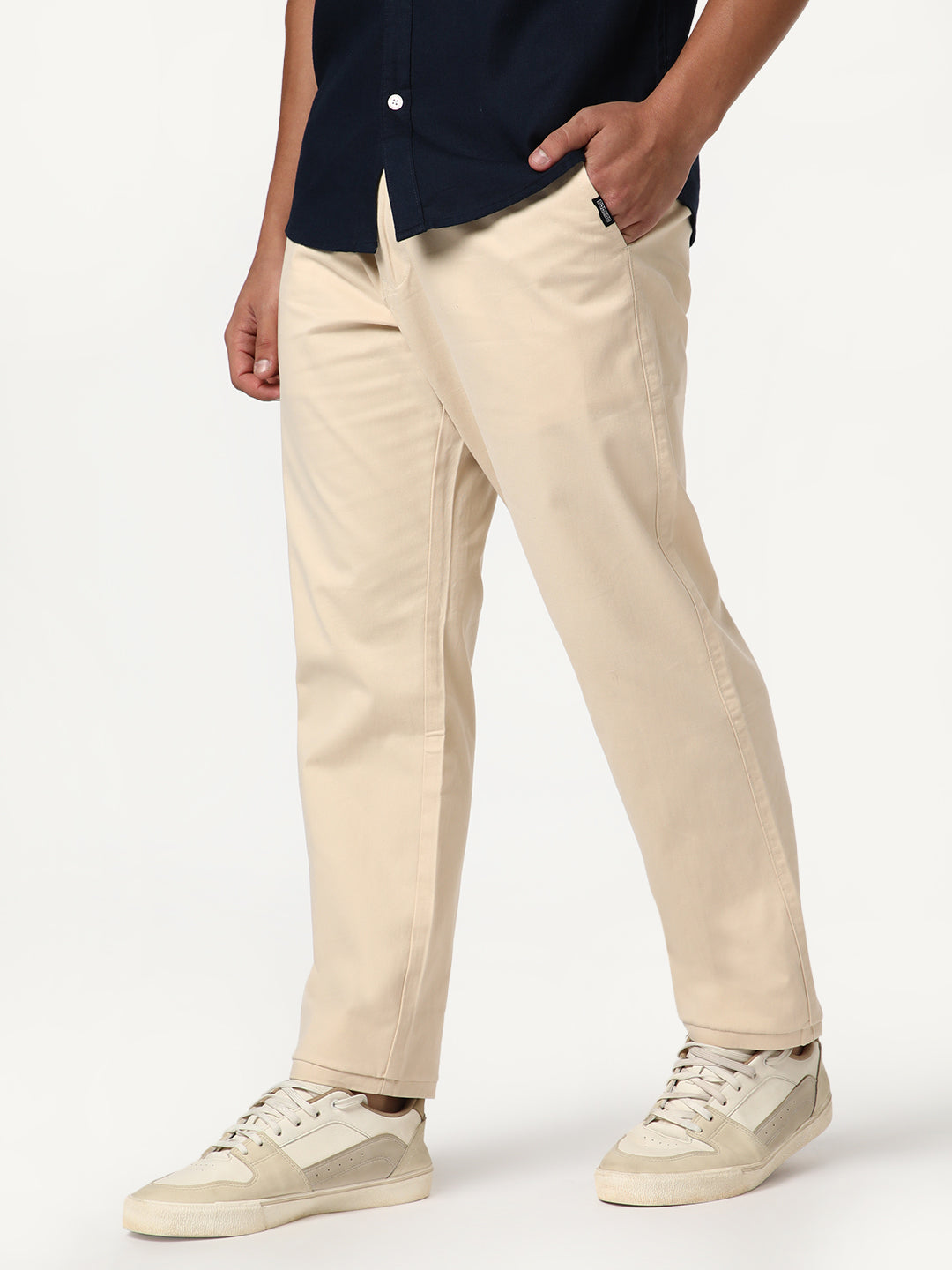 Men's Cream Straight Fit Mid Rise Cotton Casual Chinos Trousers Stretch