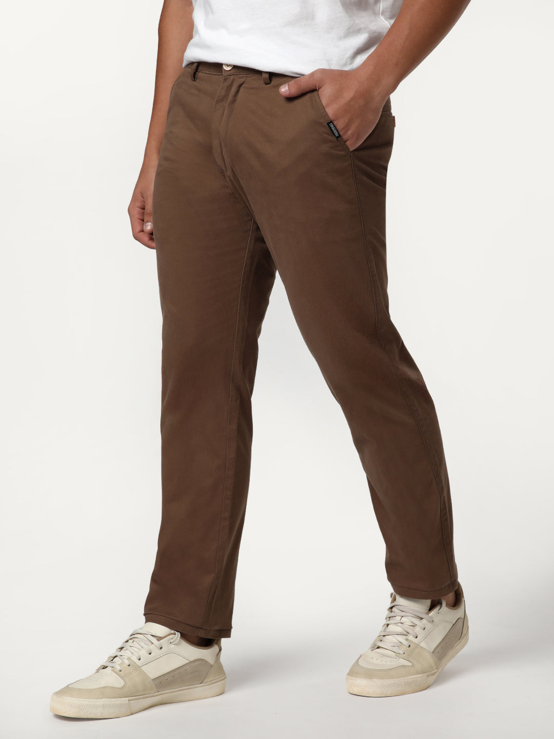 Men's Dark Taupe Straight Fit Mid Rise Cotton Casual Chinos Trousers Stretch