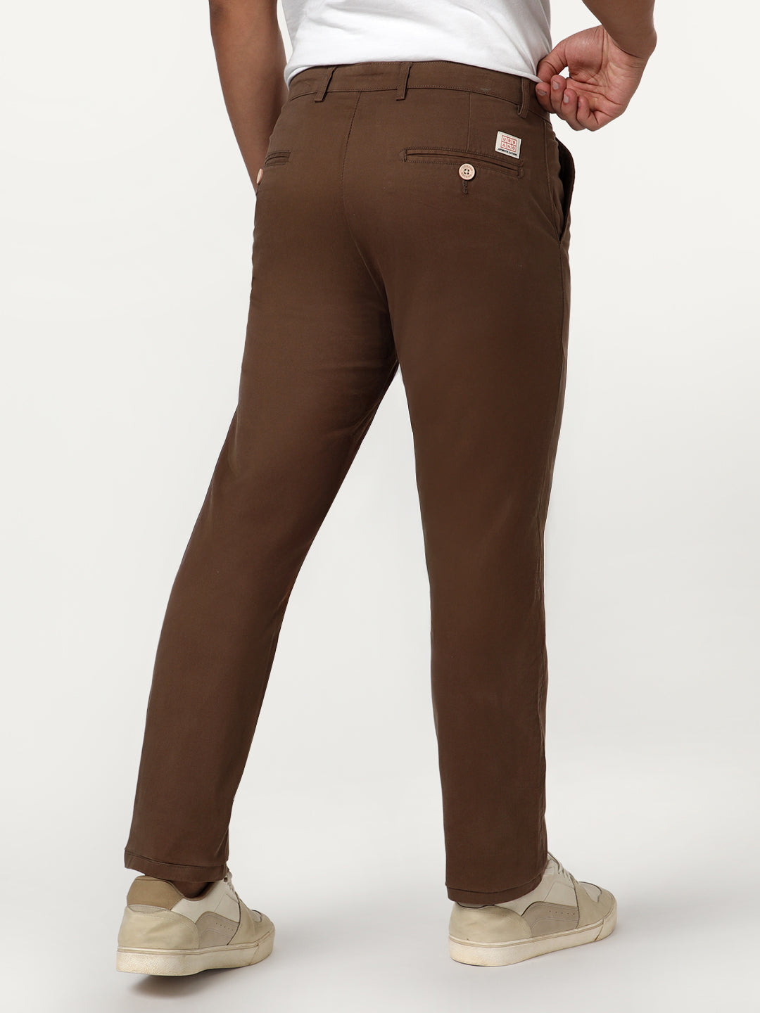 Men's Dark Taupe Straight Fit Mid Rise Cotton Casual Chinos Trousers Stretch