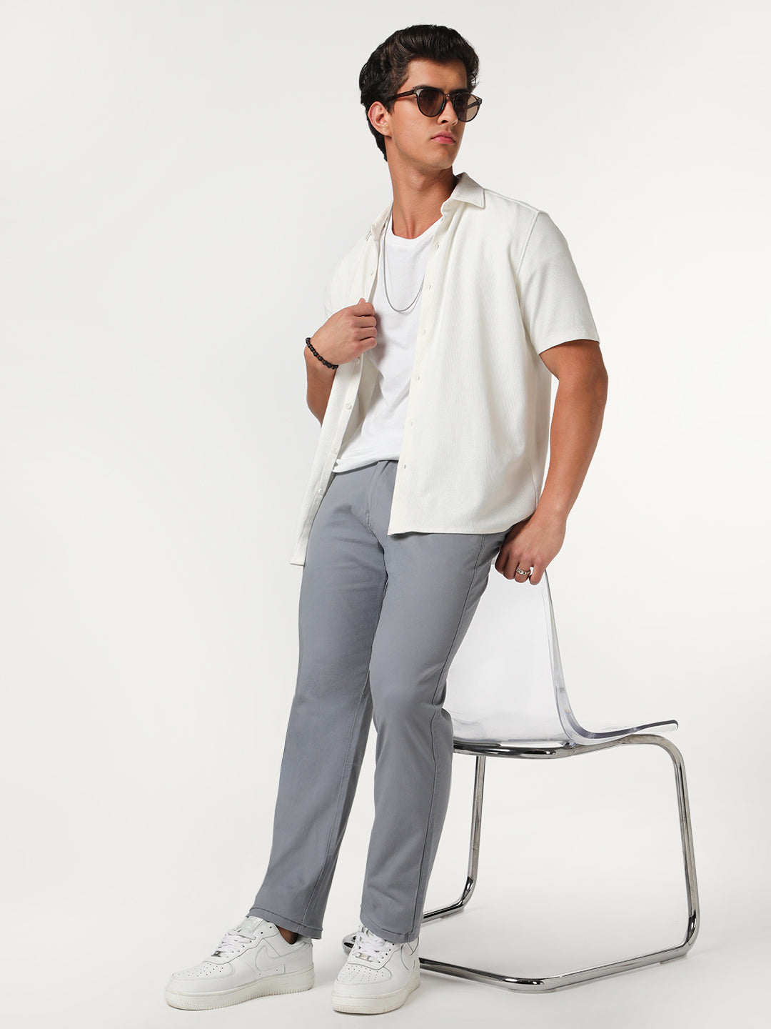 Men's Light Blue Straight Fit Mid Rise Cotton Casual Chinos Trousers Stretch