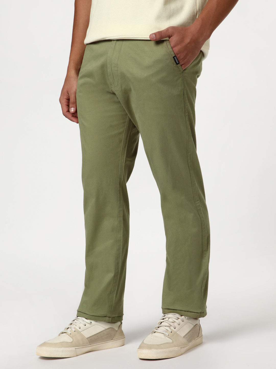 Men's Light Olive Straight Fit Mid Rise Cotton Casual Chinos Trousers Stretch