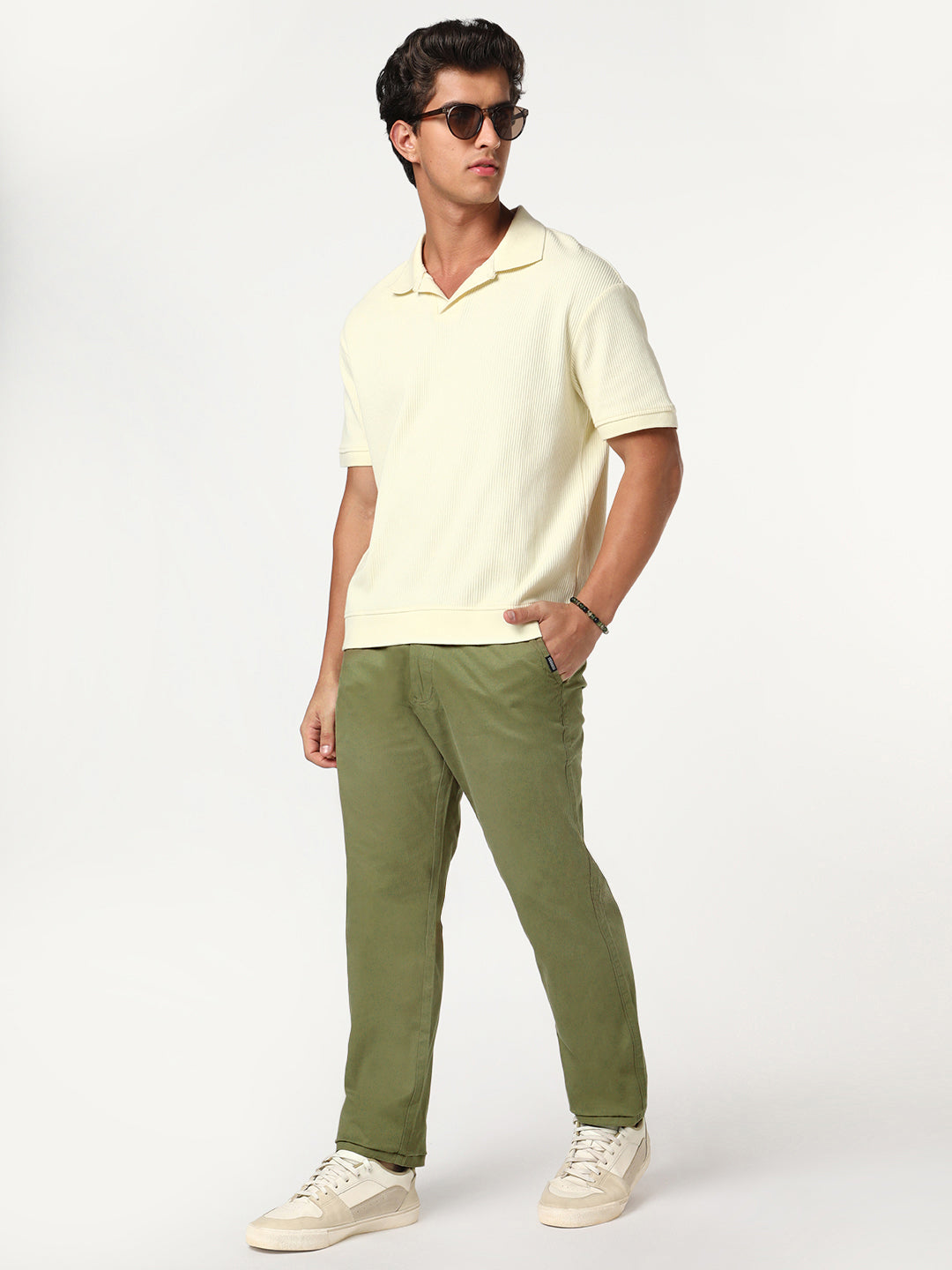 Men's Light Olive Straight Fit Mid Rise Cotton Casual Chinos Trousers Stretch