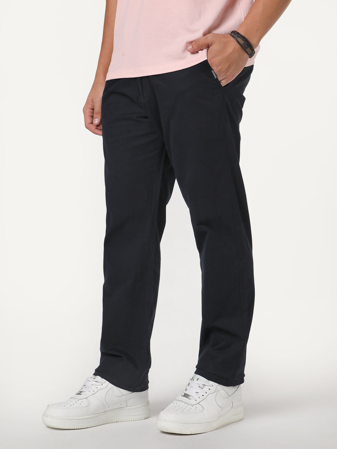 Men's Navy Straight Fit Mid Rise Cotton Casual Chinos Trousers Stretch