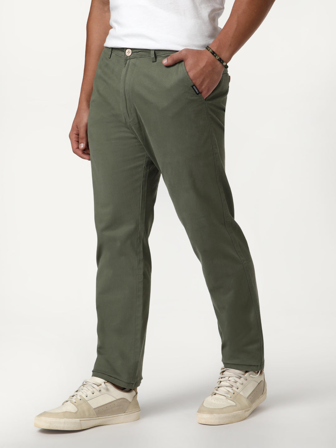 Men's Sage Green Straight Fit Mid Rise Cotton Casual Chinos Trousers Stretch