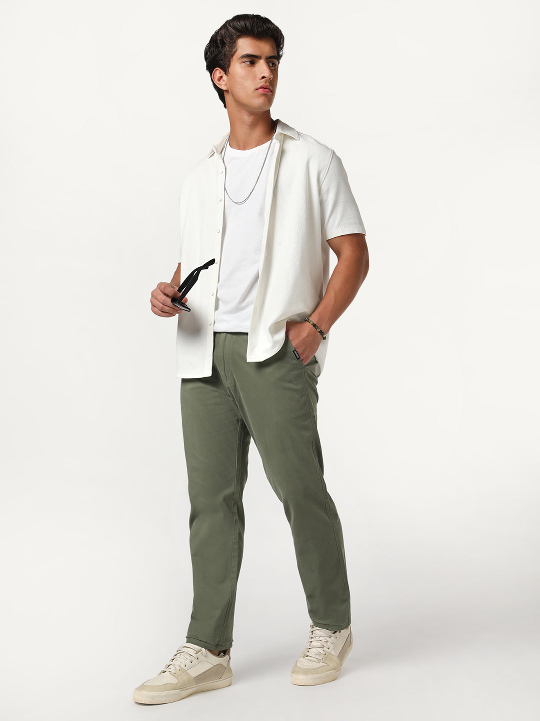 Men's Sage Green Straight Fit Mid Rise Cotton Casual Chinos Trousers Stretch