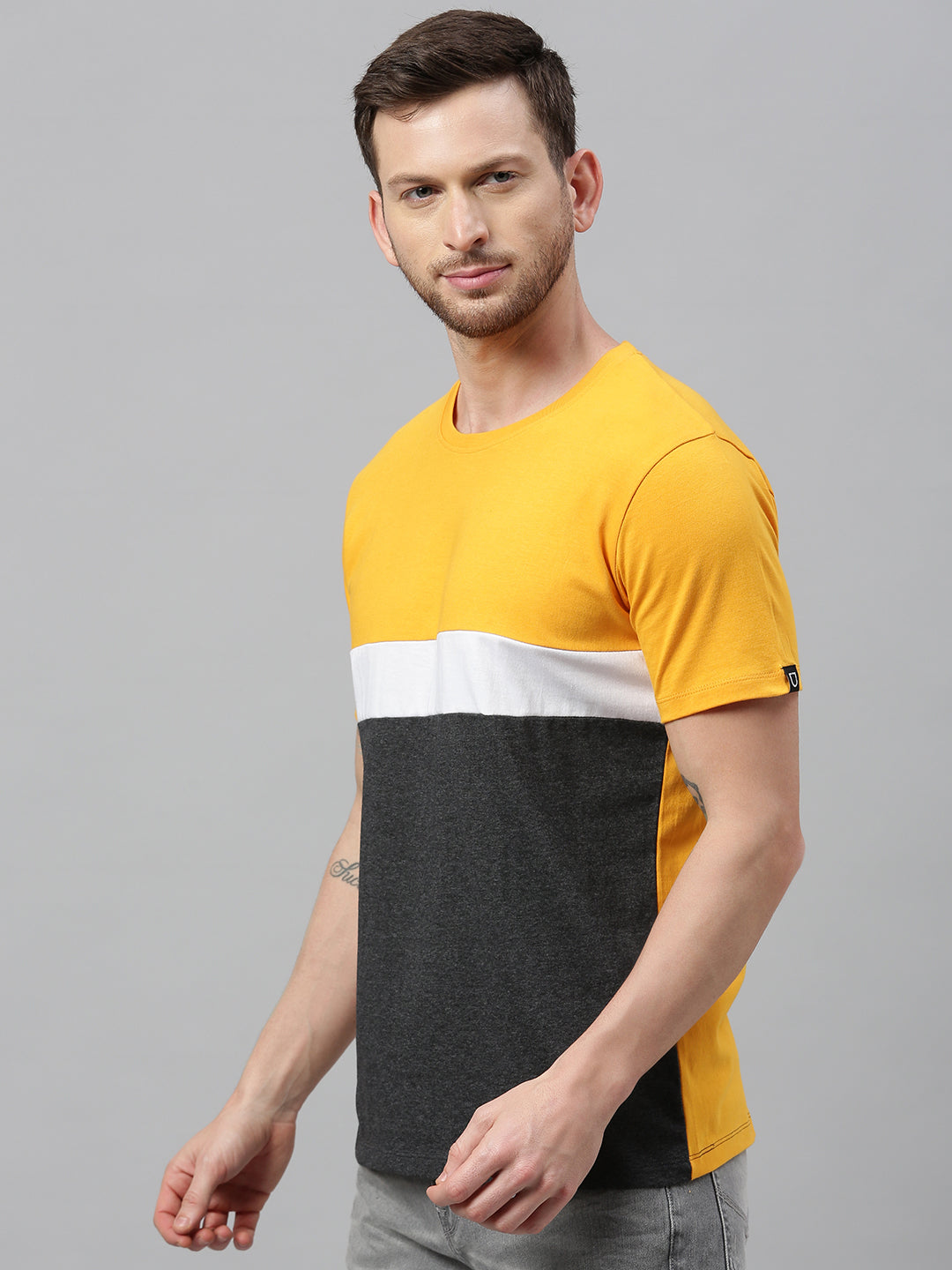 Men's Mustard, White, Charcoal Colour-Block Slim Fit Half Sleeve T-Shirt