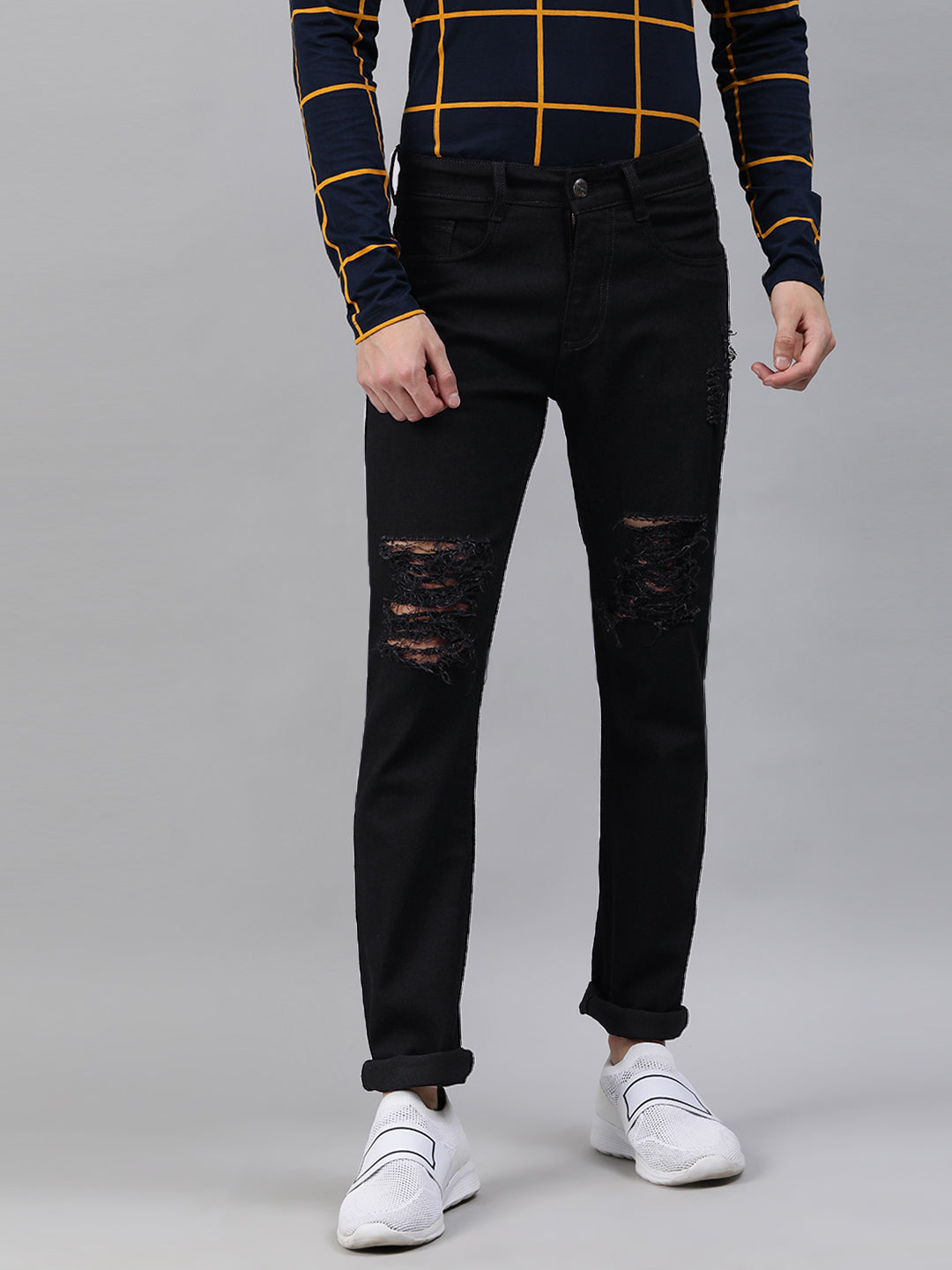 Urbano Fashion Men's Heavy Distressed Black Slim Fit Stretch Jeans