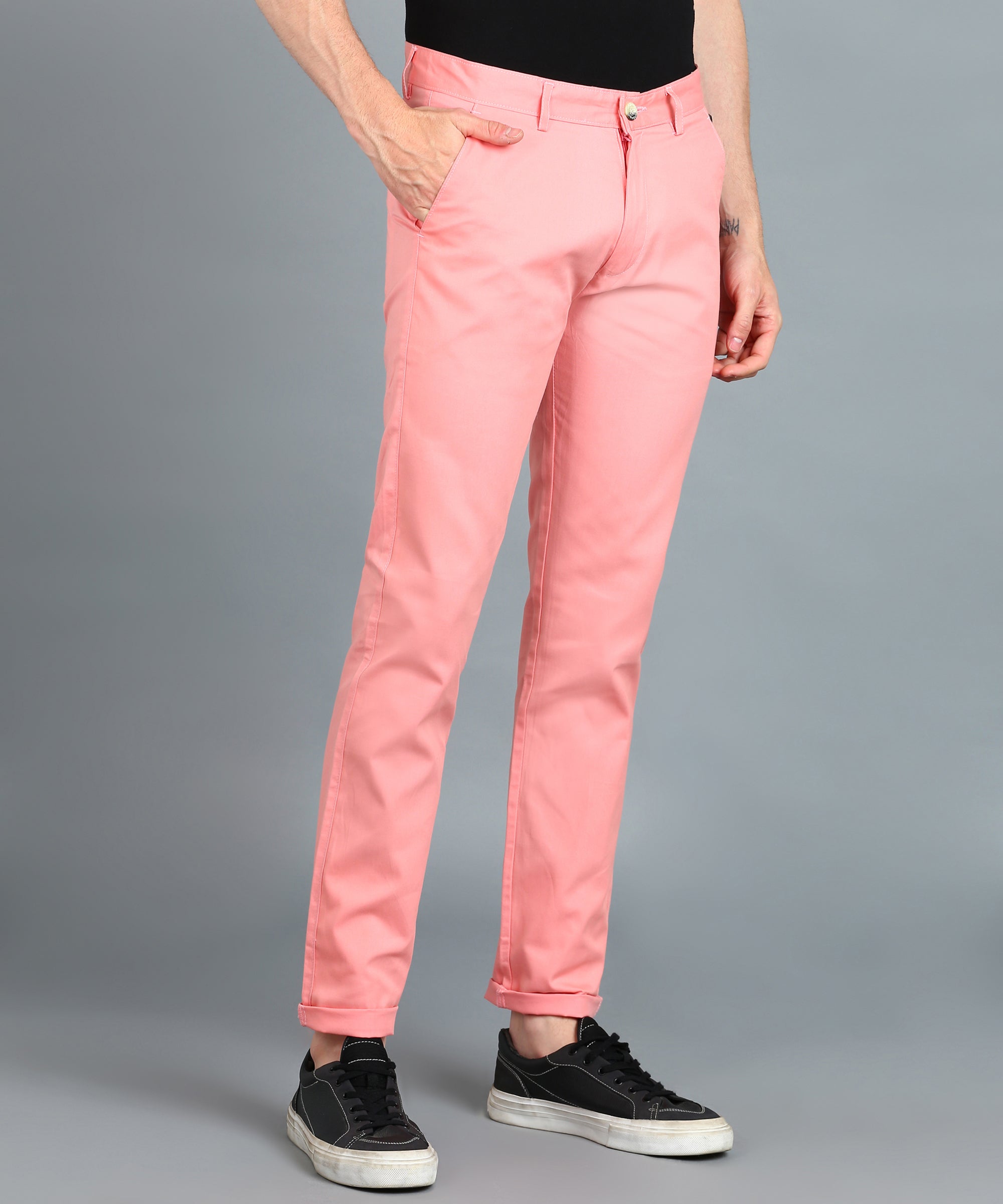 Men's Pink Cotton Light Weight Non-Stretch Slim Fit Casual Trousers