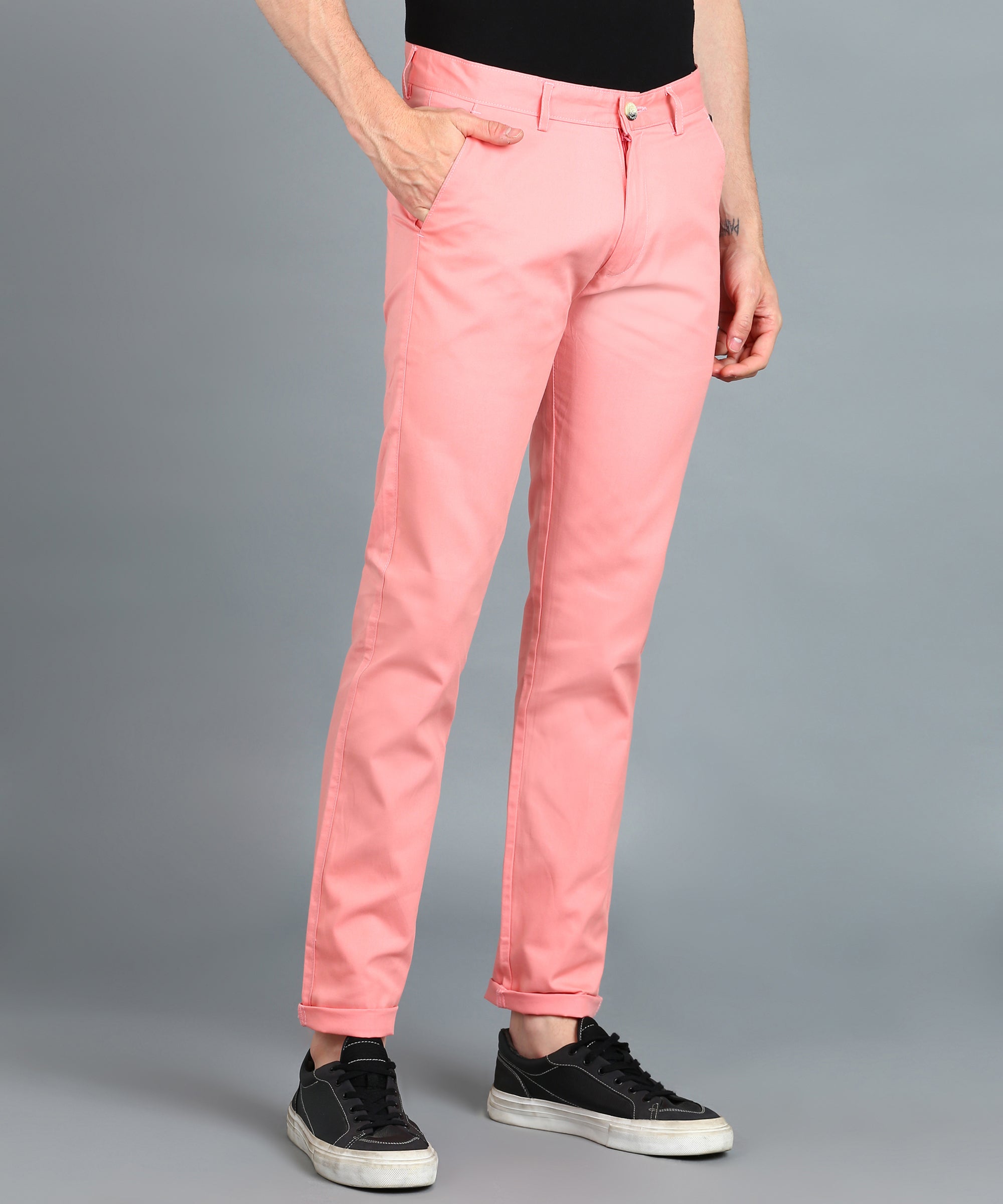 Urbano Fashion Men's Pink Cotton Light Weight Non-Stretch Slim Fit Casual Trousers