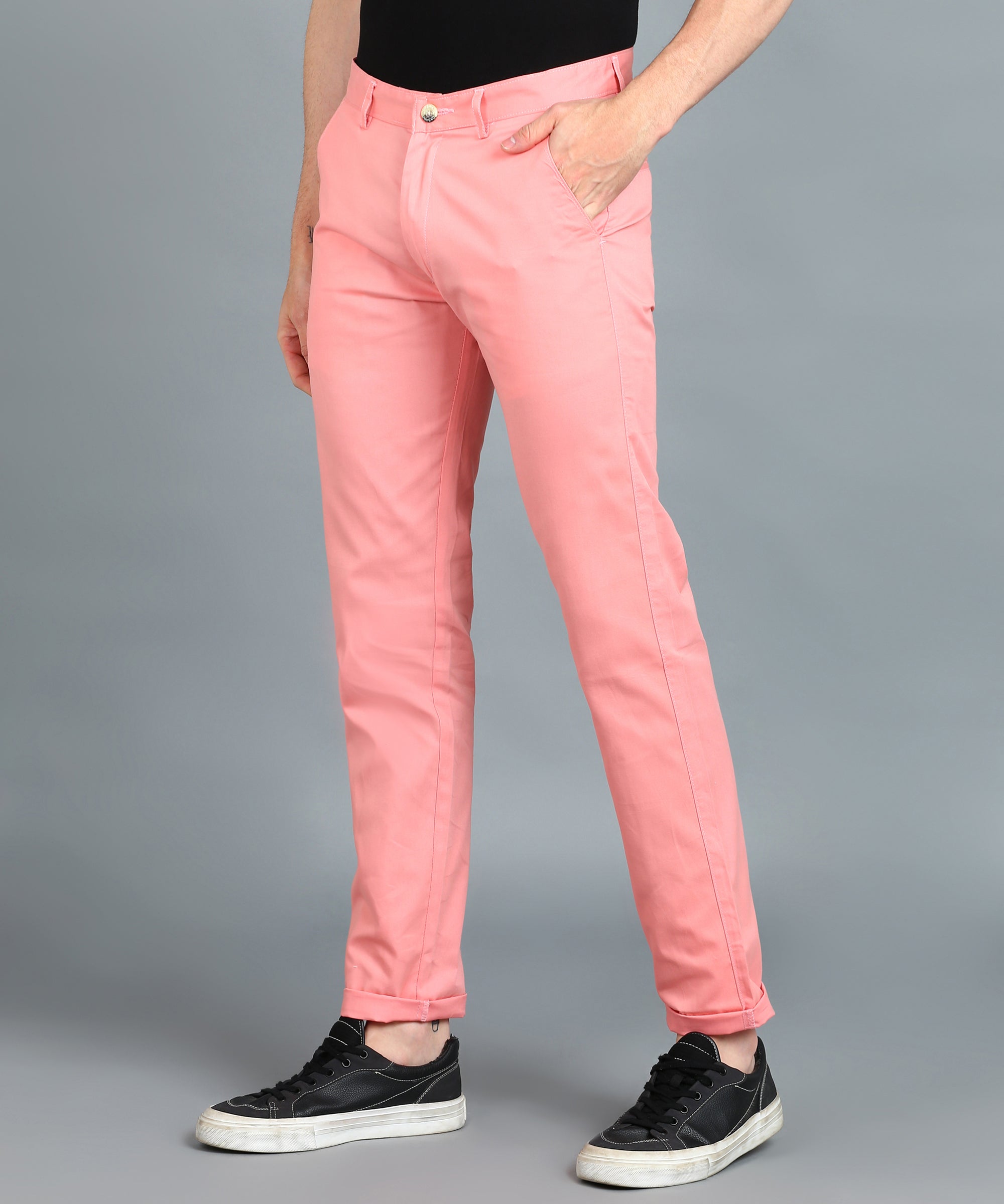 Men's Pink Cotton Light Weight Non-Stretch Slim Fit Casual Trousers