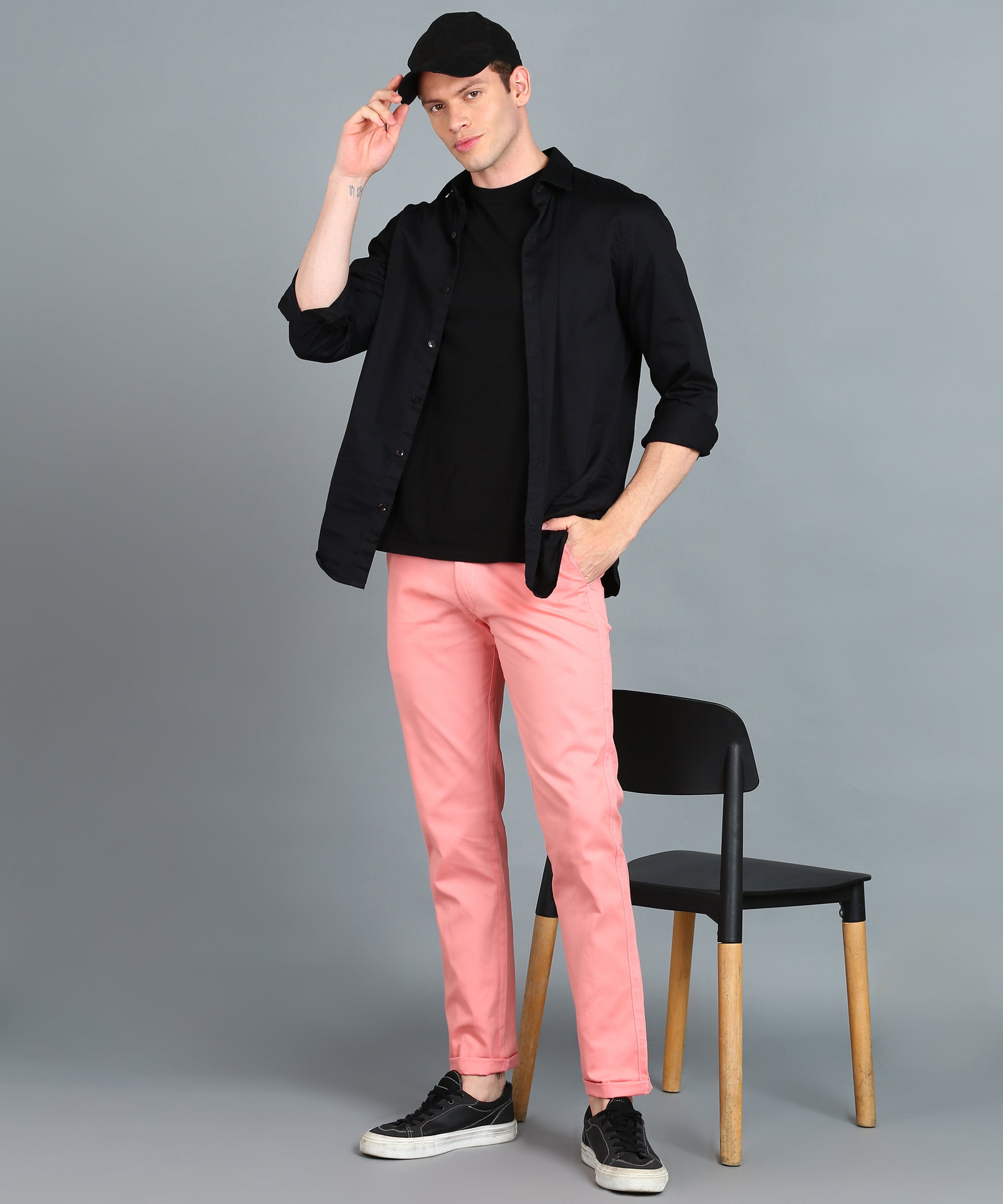 Men's Pink Cotton Light Weight Non-Stretch Slim Fit Casual Trousers