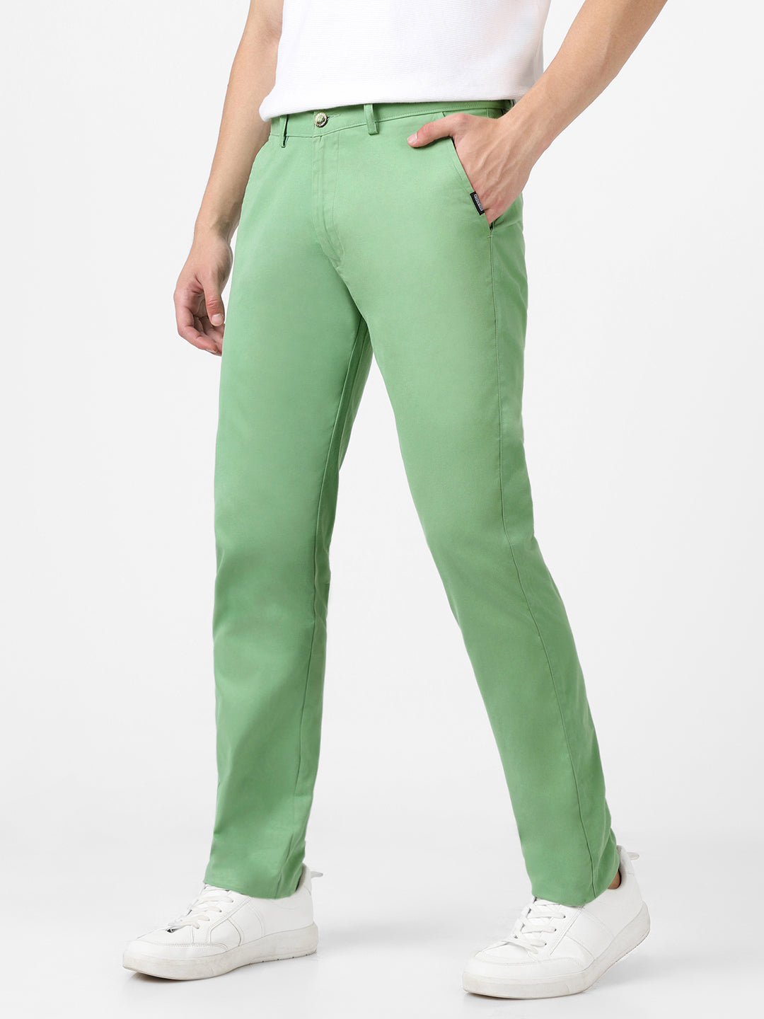 Men's Green Cotton Light Weight Non-Stretch Slim Fit Casual Trousers