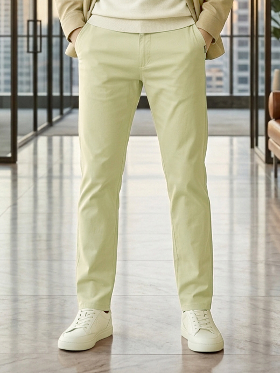 Men's Green Cotton Slim Fit Casual Chinos Trousers
