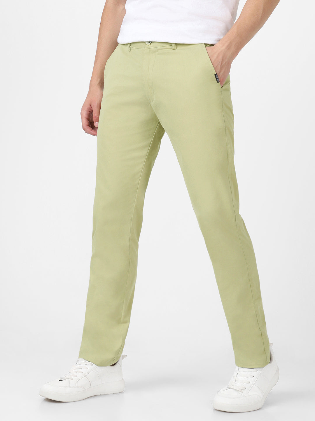 Men's Green Cotton Light Weight Non-Stretch Slim Fit Casual Trousers