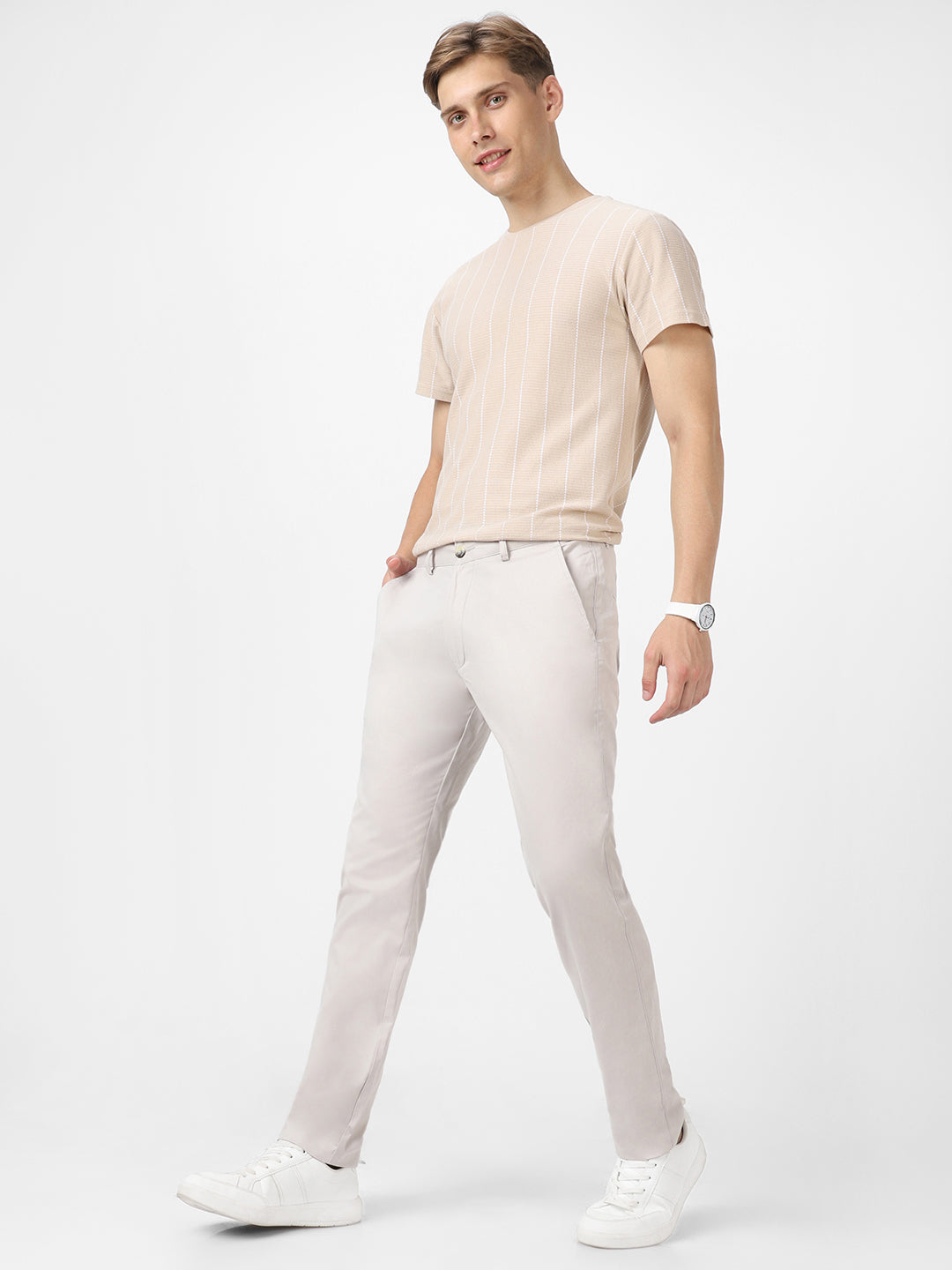 Men's Grey Cotton Slim Fit Casual Chinos Trousers