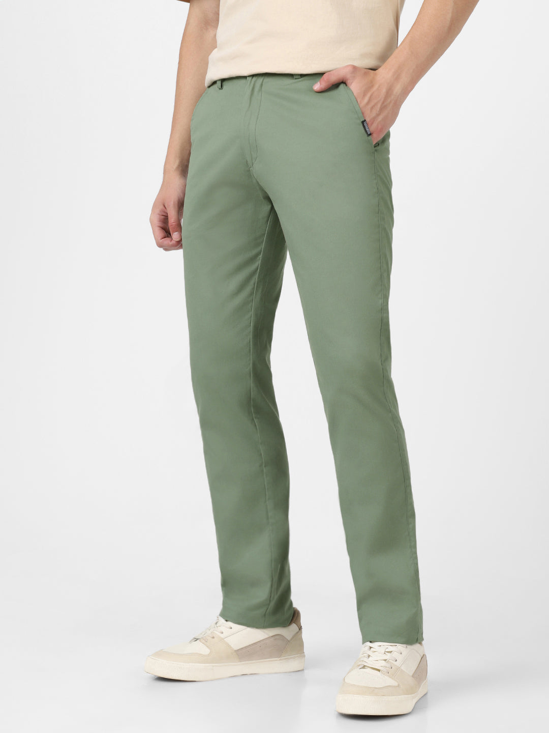 Men's Green Cotton Light Weight Non-Stretch Slim Fit Casual Trousers